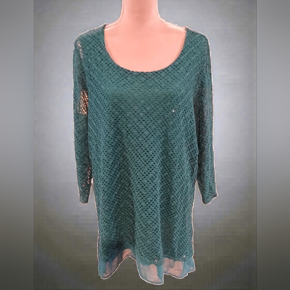 JM Collection Green Blue Mesh Sequin Layered Blouse 2x Lagenlook Crochet Plus